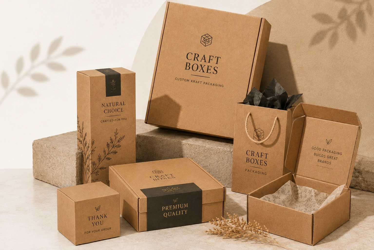 Custom kraft mailer boxes, folding cartons and premium printed packaging displayed in a studio setting